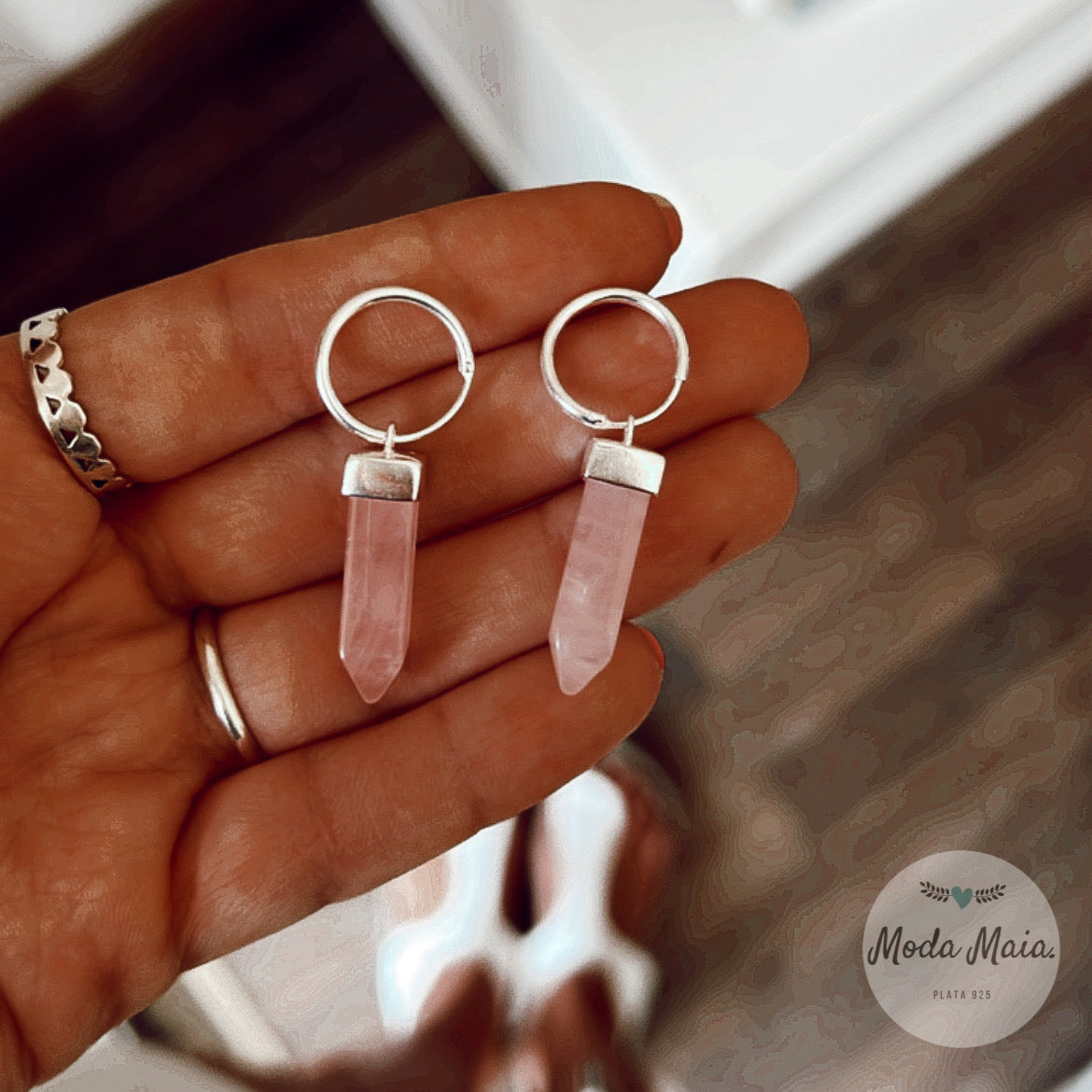 Aros Argollas Cuarzo Rosa